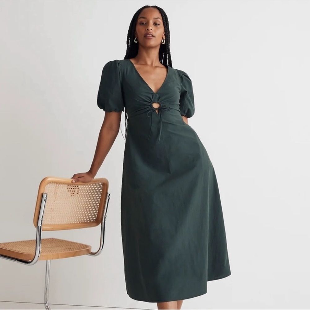 Madewell NWT Poplin Cutout Puff-Sleeve Midi Dress Size 00 in Dark Palm